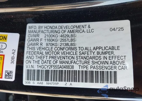 2025 Honda Accord Sport from USA, damaged, VIN 1HGCY2F55SA048838